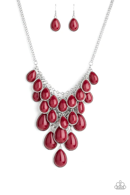 Shop Til You TEARDROP - Oversized Red (Wine) Tinted Hue Trickle Teardrop Interconnected Mesh Chain Robust Drip Tapered Dramatic Fringe Necklace N#2756