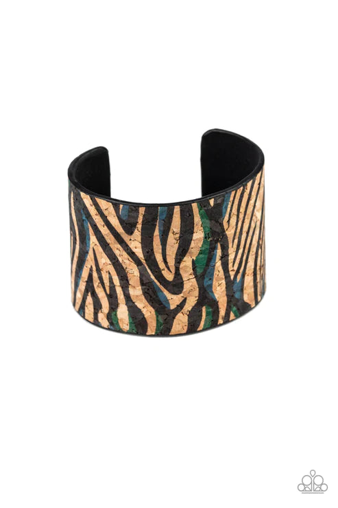 Show Your True Stripes - Oversized Blue (Black/Blue/Green) Zebra Stripes Cork Cuff Bracelet B#1697