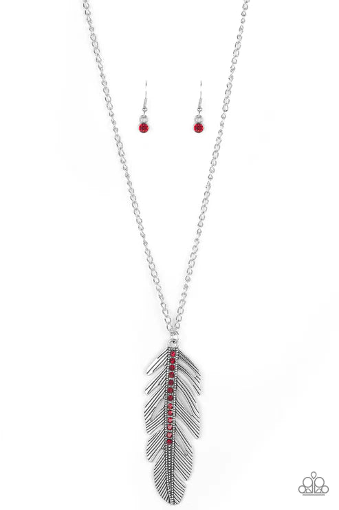 Sky Quest - Oversized Red Encrusted Spine 3D Feather Necklace N#6067