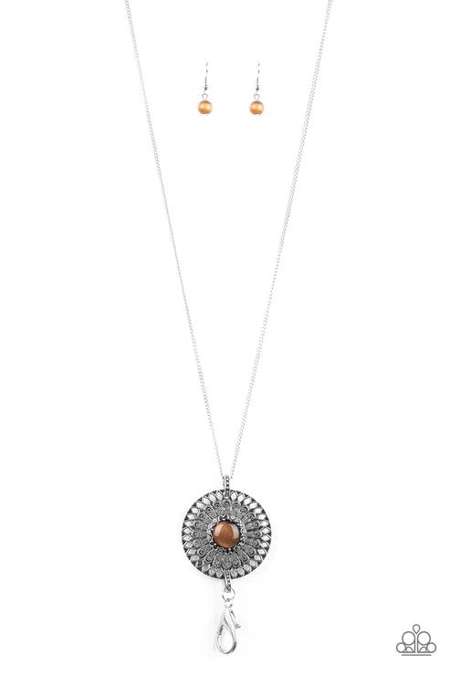 So Solar - Brown Cat's Eye Moonstone Sunburst Medallion Lanyard Necklace N#3201