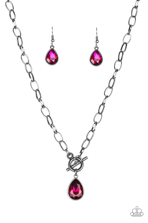 So Sorority - Pink/Gunmetal Faceted Teardrop Tiffany Clasp Necklace N#3549