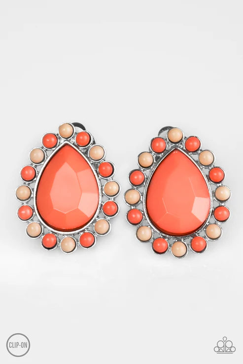 So Spring Season - Oversized Orange (Brown/Coral) Spin Faceted Teardrop Clip-On Earrings E#6258