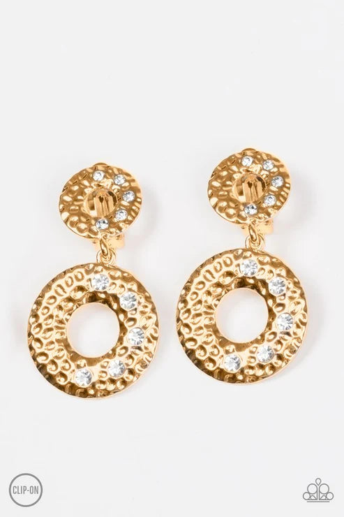 Sophisticated Shimmer - Gold Hammered Textures Circular Frame Encrusted Lure Clip-On Earrings E#2899