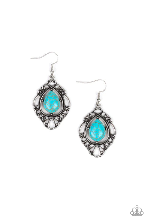 Southern Fairytale - Blue Stone Nestled Southern Swirl Filigree Teardrop Earrings E#2847