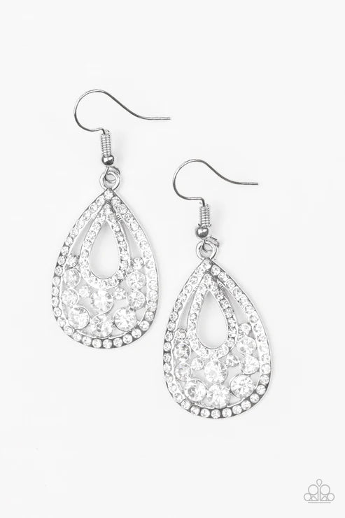 Sparkling Stardom - White Encrusted Swoop Teardrop Earrings E#6607