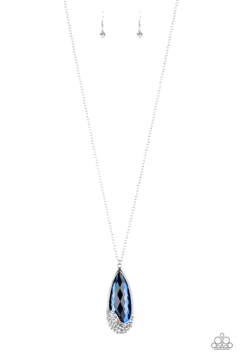 Spellbound - Oversized Blue Spellbinding Abstract Nestled Gem Dipped Encrusted Teardrop Necklace N#6132