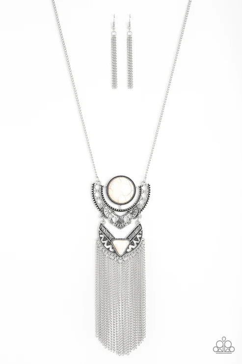 Spirit Trek - Oversized White Stone Tribal Fringe Necklace N#3070