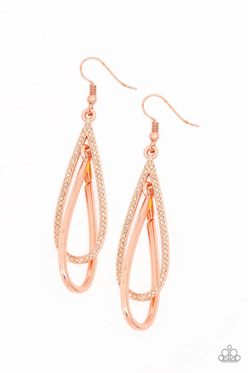 Spotlight Splendor - Oversized Copper/Topaz Encrusted Interlocked Teardrop Earrings E#6490