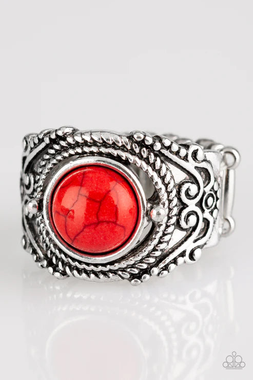 Stand Your Ground - Red Studded Rope Textured Stone Ring R#5275