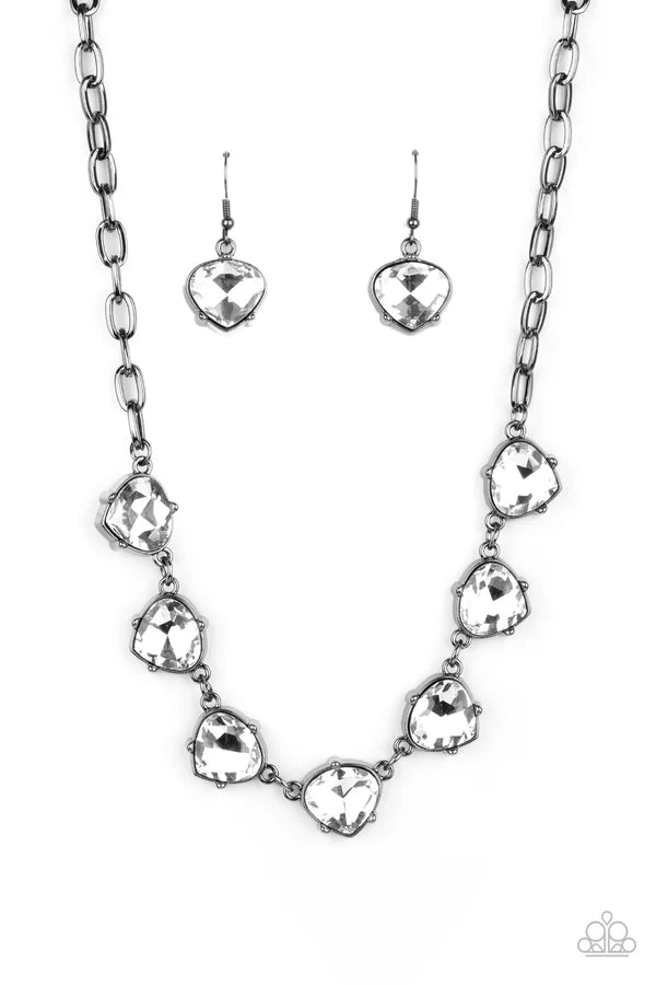Star Quality Sparkle - Oversized Black Gunmetal Chain Faceted White Teardrop Connect Necklace N#7023