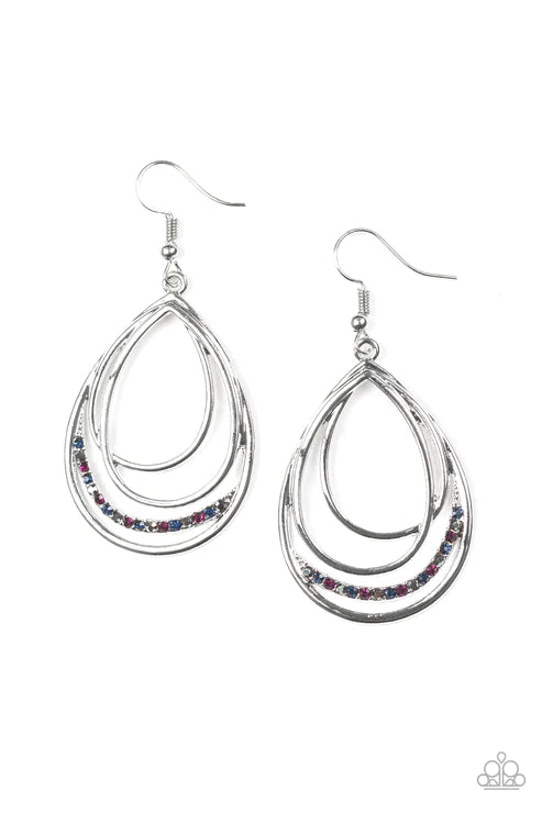 Start Each Day With Sparkle - Multi/Hematite Asymmetrical Encrusted Ribbon Teardrop Earrings E#4028