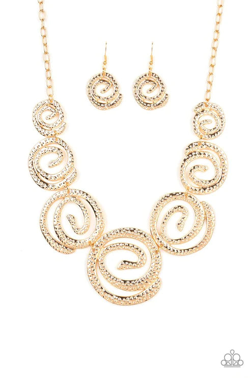 Statement Swirl - Oversized Gold Hammered Swirl Link Necklace N#4257