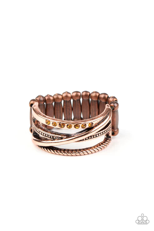 Stay In Your Lane - Copper/Topaz Encrusted Haphazardly Dotted Mismatched Smooth/Textured Bars Ring R#6060