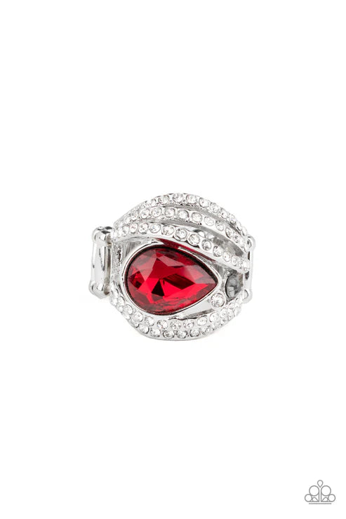 Stepping Up The Glam - Oversized Red (Fiery) Infused Smoky Encrusted Teardrop Asymmetrically Nestled Overlapping White Encrusted Refined Flair Ring R#140