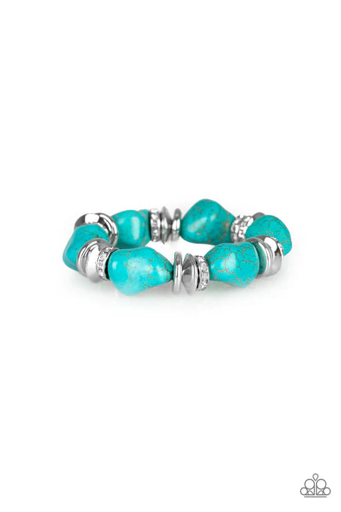 Stone Age Stunner - Oversized Blue Stones Silver Accents White Encrusted Rings Seasonal Bracelet B#5353