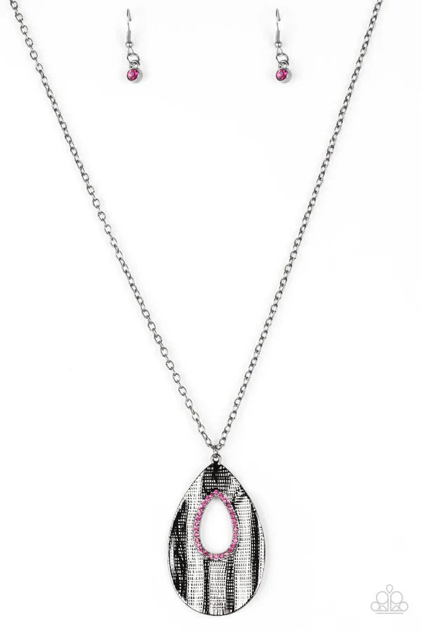 Stop, TEARDROP, and Roll - Oversized Pink/Gunmetal Warped Geometric Linear Encrusted Teardrop Necklace N#6965