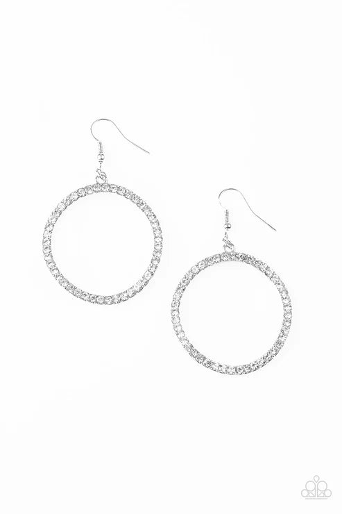 Stoppin Traffic - Oversized White Encrusted Warped Hoop Earrings E#7303