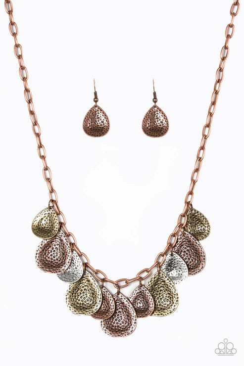 Storm Goddess - Copper (Copper/Brass/Silver) Hammered Light-Catching Shimmer Teardrop Drip Bold Fringe Necklace N#4743