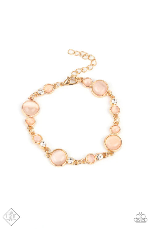 Storybook Beam - Gold Encased Fittings Bubbly Champagne Cat's Eye Moonstone White Encrusted Coalesce Mismatched Frames Connect Effervescent Elegance Brac7352elet B#