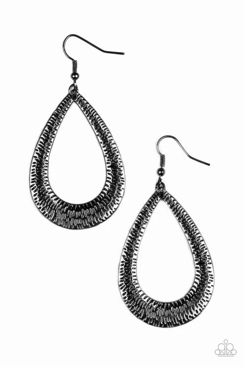 Straight Up Shimmer - Oversized Black Etched Shimmer Industrial Teardrop Earrings E#5828