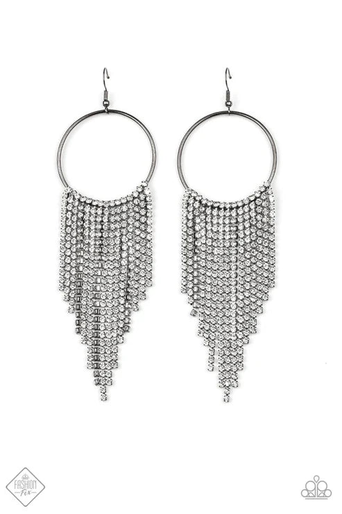 Streamlined Shimmer - Oversized Black Tapered Rows Glittery White Encrusted Cascade Gunmetal Hoop Glitzy Fringe Earrings E#7365