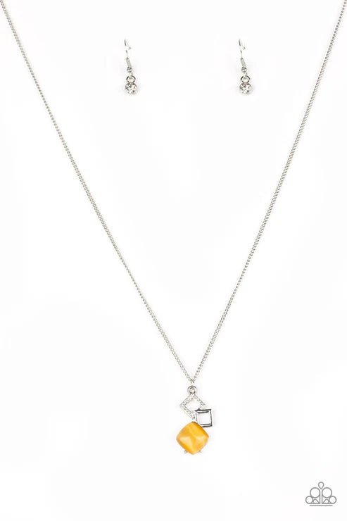 Stylishly Square - Yellow Cat's Eye Moonstone Encrusted Square Necklace N#6769