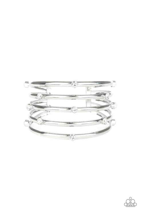 Sugarlicious Sparkle - Oversized White Sporadically Dotted Encrusted Stacked Cuff Bracelet B#5945