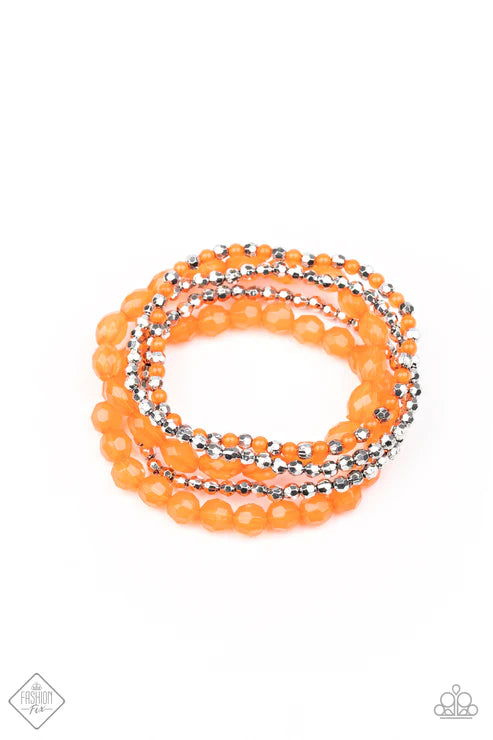 Sugary Sweet - Orange Collection Opaque Orange Peel Crystal-like Silver Accents Bracelet Stack B#7364