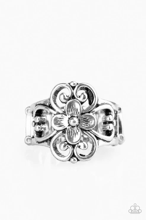 Summer Eden - Silver Flower Swirl Filigree Ring R#3686