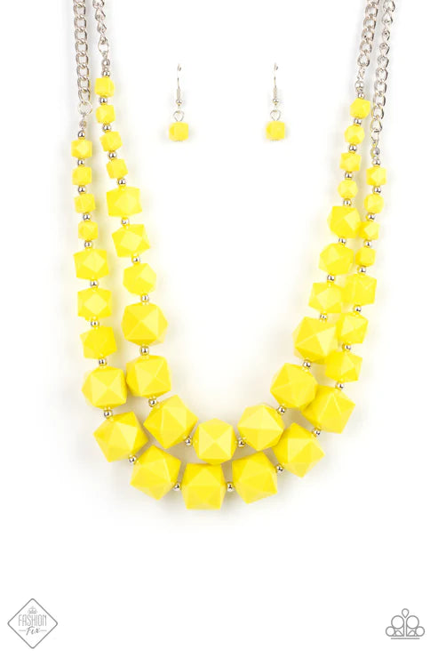 2-Piece Yellow Faceted Opaque Solid Illuminating Cube Infused Edgy Geometrical Set SET#6625