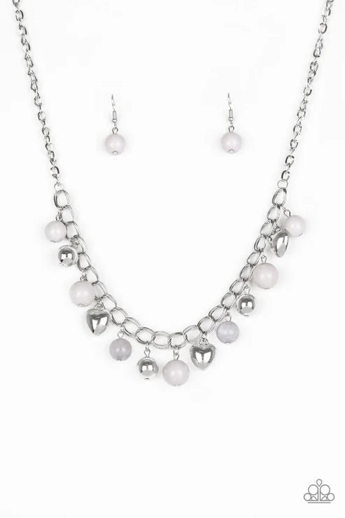 Summer Fling - Silver/Gray Polished/Glassy 3D Heart Accent Double-Linked Fringe Necklace N#6529