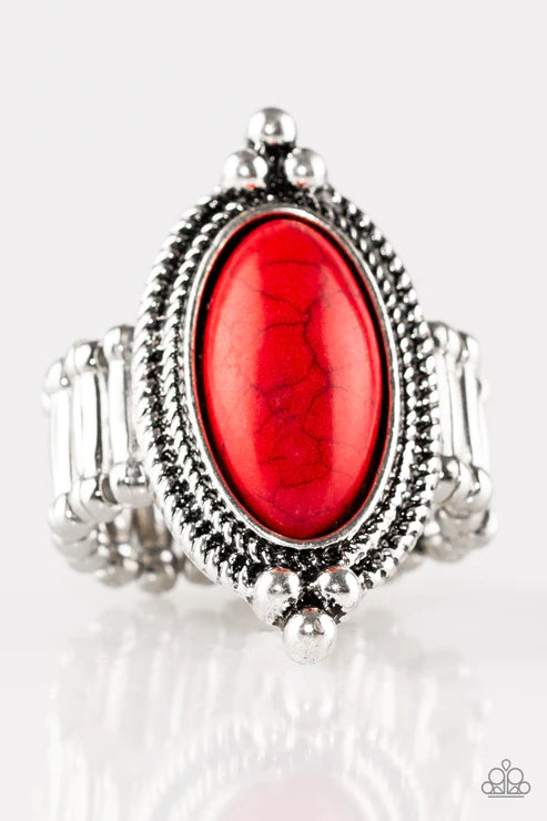 Summer Sandstone - Red Chiseled Oval Textured Dotted Studded Stone Ring R#3039
