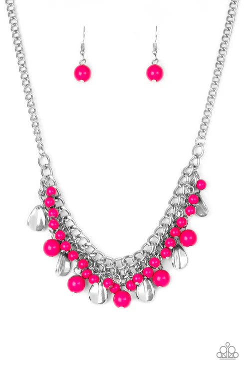 Summer Showdown - Pink Curved Teardrop Fringe Necklace N#6365