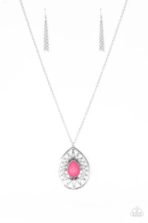 Summer Sunbeam - Pink Sunburst Stone Tribal Teardrop Necklace N#6365