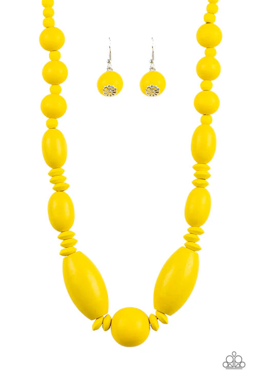 Summer Breezin - Oversized Yellow Distressed Wood Accent Draped Necklace N#4852