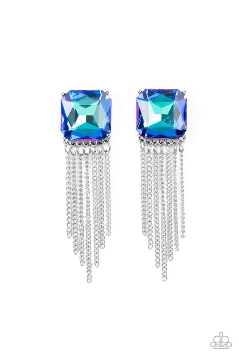 Supernova Novelty - Oversized Blue UV Shimmer Radiant Cut Pronged Tapered Curtain Tassel Fringe Earrings E#702