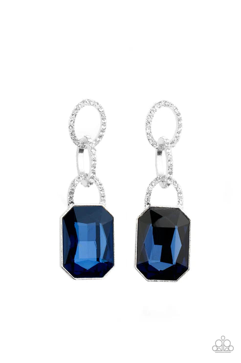 Superstar Status - Oversized Blue Emerald Cut Encrusted Links Dramatic Lure Earrings E#2975