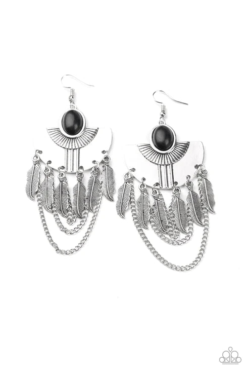 Sure Thing, Chief! - Oversized Black Dotted Stone 3D Fan Feather Fringe Earrings E#4133