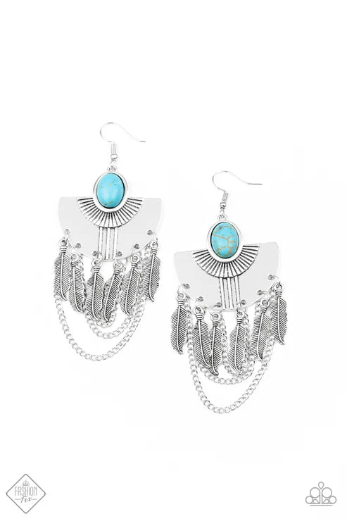 3-Piece Oversized Blue Antiqued 3D Feather Dangle Chains Tribal Pendant Stacked Fanning Texture Stone Set SET#6653