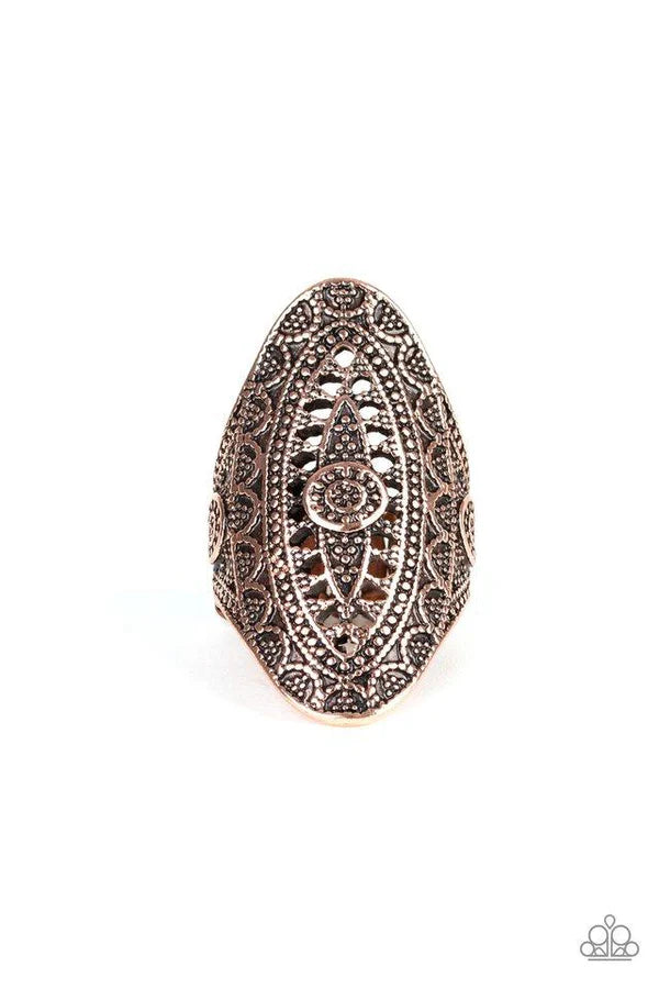 TRIBAL and Tribulation - Oversized Copper Oval Studded Filigree Ornate Elongated Tribal Ring R#6868