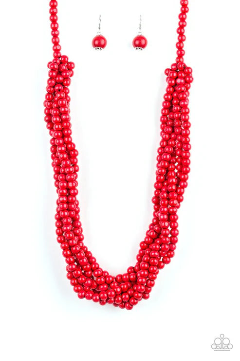 Tahiti Tropic - Oversized Fiery Red Subtly Twisted Distressed Wooden Strands Necklace N#4870