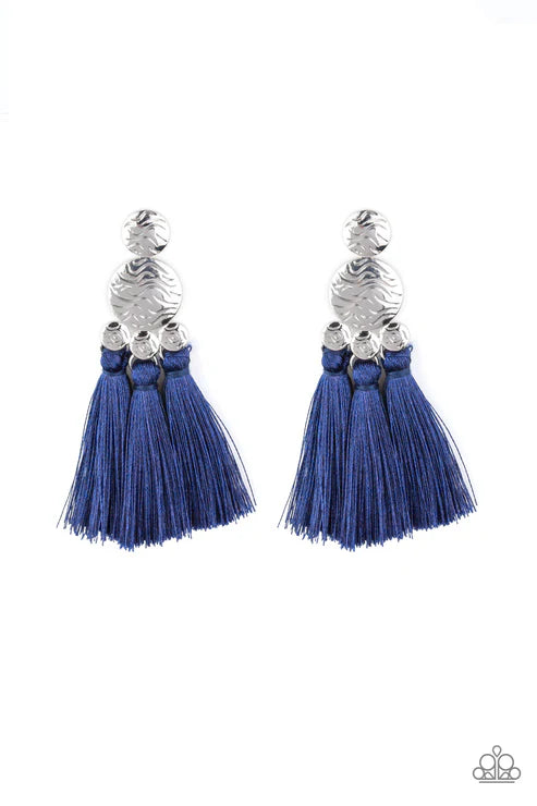 Taj Mahal Tourist - Oversized Blue (Three Evening Blue) Bubbly Etched Wavy Textures Coalesce Discs Threaded Tassels Fringe Earrings E#165