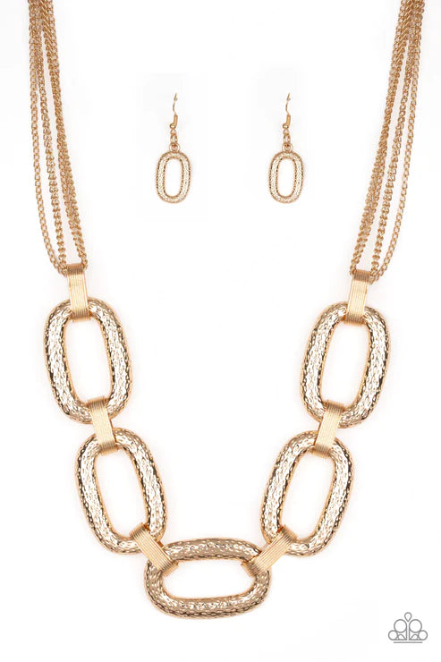 Take Charge - Oversized Gold Hammered Blinding Shimmer Chain Links Textured Suspended Necklace N#3477