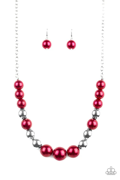 Take Note - Oversized Red/Silver Pearl Drape Necklace N#5525