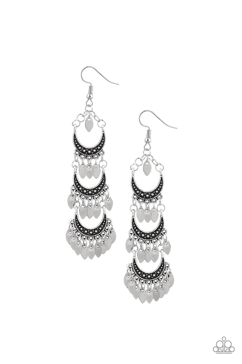Take Your CHIME - Oversized Silver Dotted Studded Texture Trio Half Moon link Stacked Lure Feathery Accents Dangle Tiered Fringe Earrings E#3009