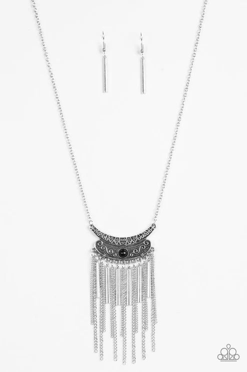 Take ZEN - Black Embossed Vine Stacked Pendant Fringe Necklace N#6204