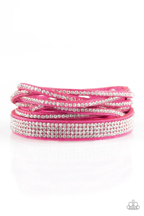 Taking Care Of Business - Pink Elongated Suede Braided Encrusted Stacked Double Wrap Adjustable Snap Closure Bracelet B#6217