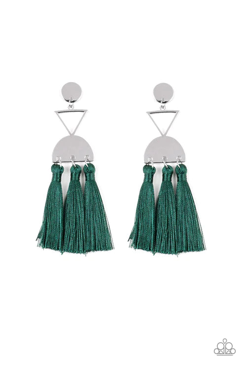 Tassel Trippin - Oversized Green Airy Geometric Lure Disc Triangle Half Moon Link Stacked Trio Threaded Tassel Earrings E#3007