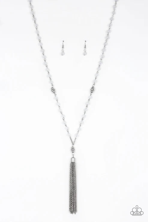 Tassel Takeover - White Opaque Crystal Encrusted Rings Tassel Necklace N#7238