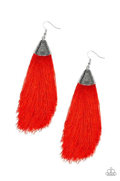 Tassel Temptress - Oversized Red Soft Plume Stamped Tribal Textured Fox Tassel Earrings E#7331